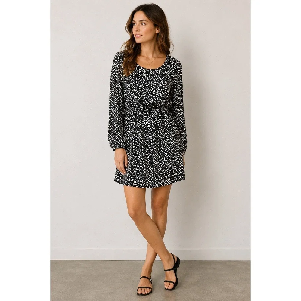 J Crew‎ Mercantile Black White Heart Print Long Sleeve Dress 14 Elastic Waist